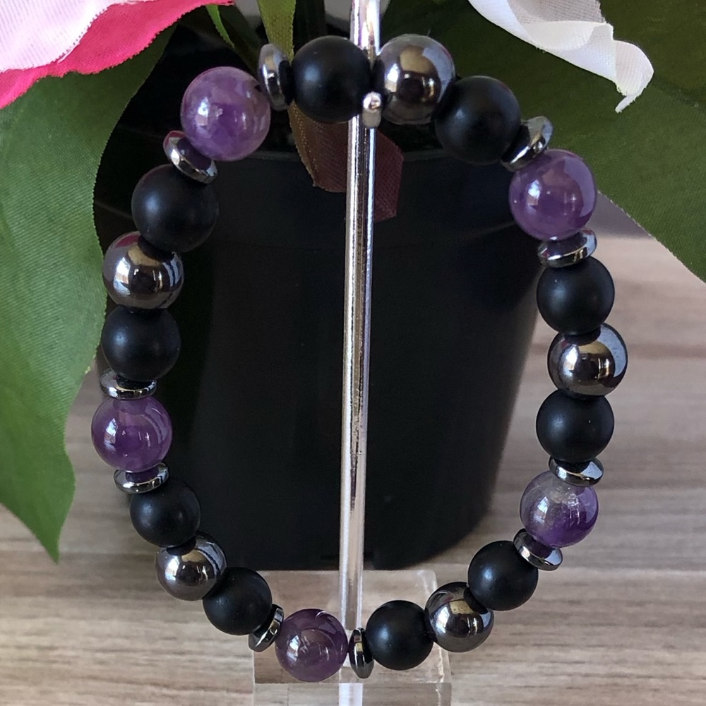 Natural Amethyst Stone Stretchable Hematite Round Beaded Bracelet